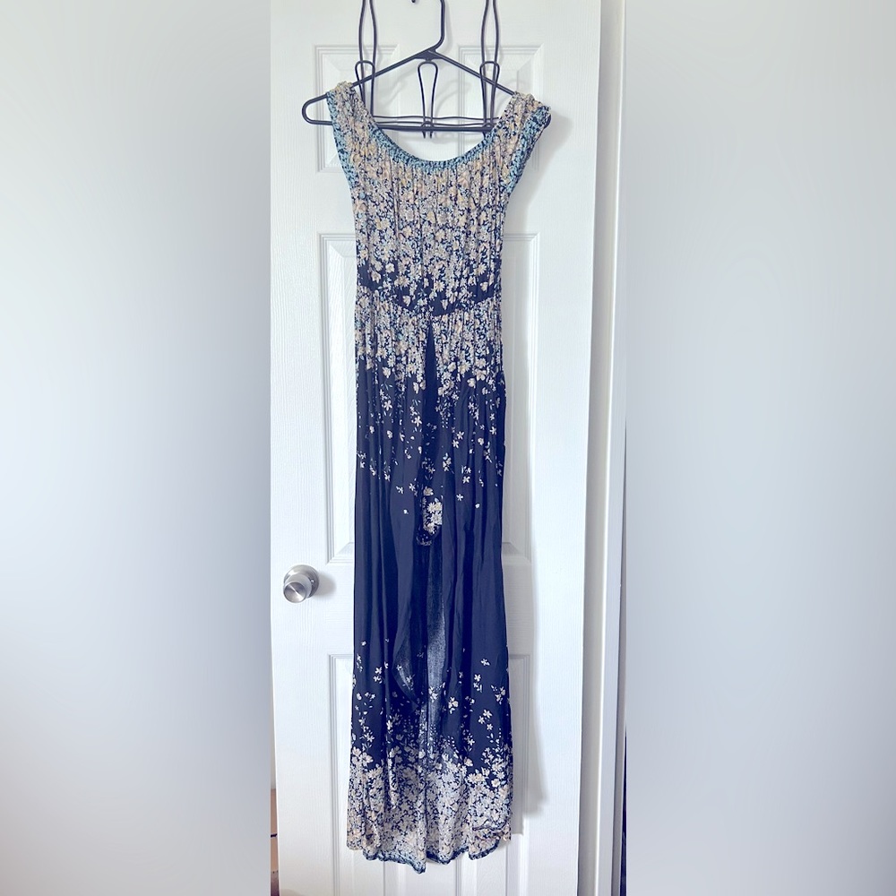Navy Blue Floral Romper Maxi Dress